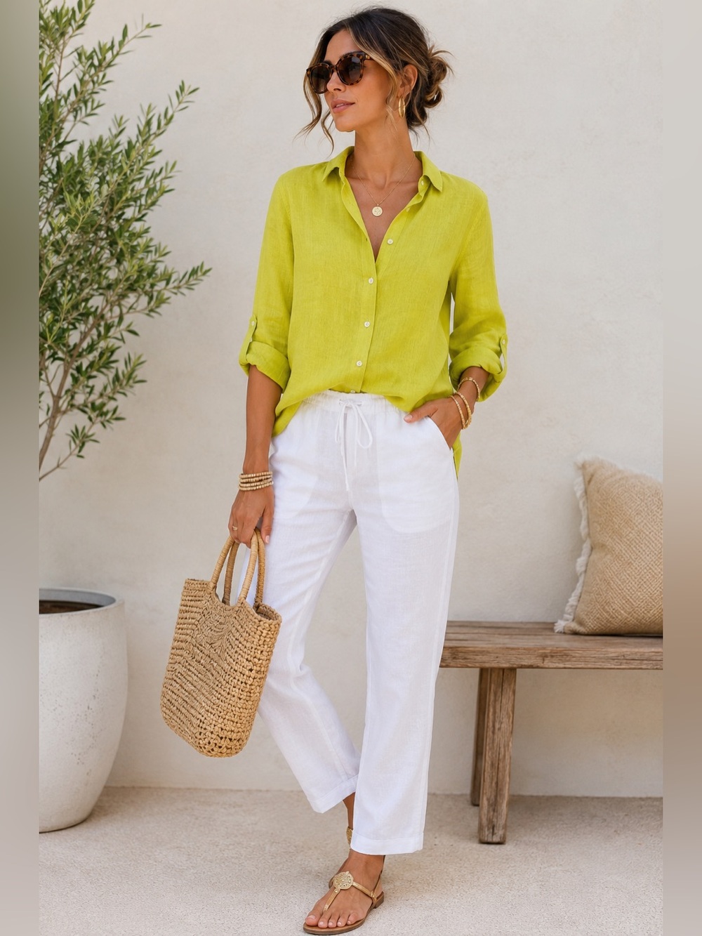 J.Jill Love Linen Chartreuse 100% Linen Button Down Shirt Loose Fit  Blouse XL